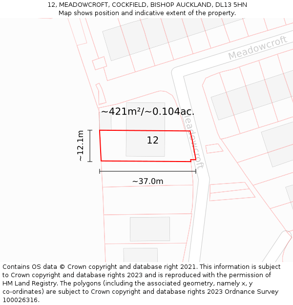 12, MEADOWCROFT, COCKFIELD, BISHOP AUCKLAND, DL13 5HN: Plot and title map