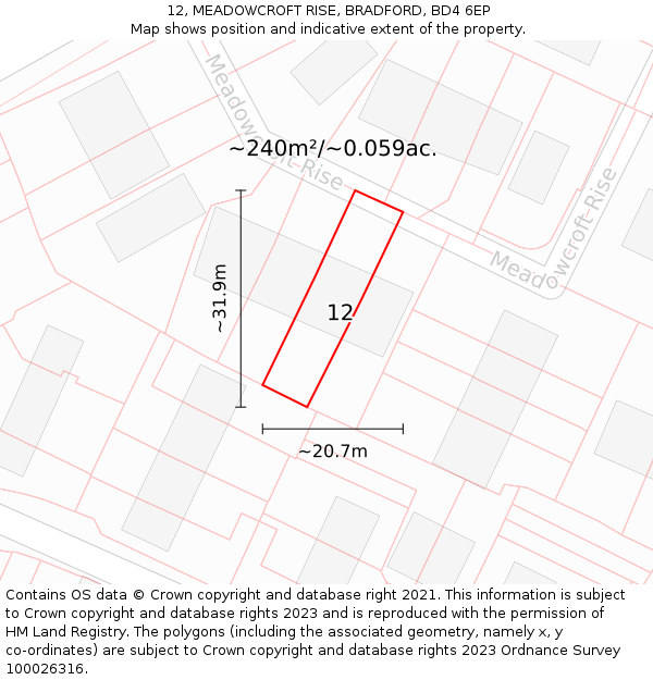 12, MEADOWCROFT RISE, BRADFORD, BD4 6EP: Plot and title map