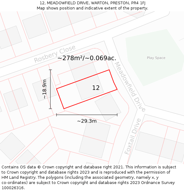 12, MEADOWFIELD DRIVE, WARTON, PRESTON, PR4 1FJ: Plot and title map