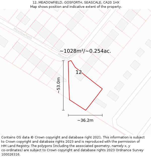 12, MEADOWFIELD, GOSFORTH, SEASCALE, CA20 1HX: Plot and title map