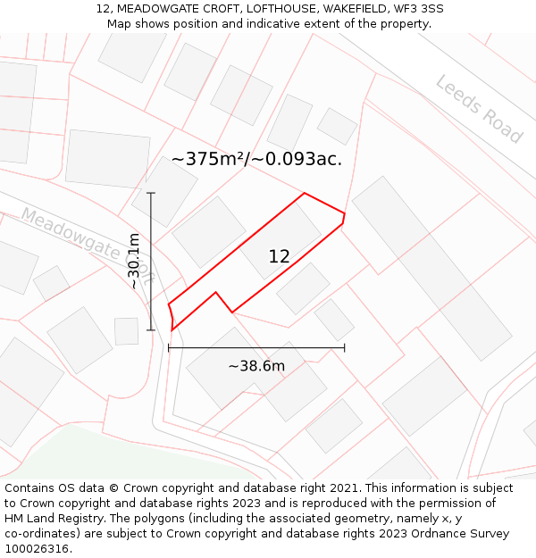 12, MEADOWGATE CROFT, LOFTHOUSE, WAKEFIELD, WF3 3SS: Plot and title map
