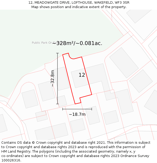 12, MEADOWGATE DRIVE, LOFTHOUSE, WAKEFIELD, WF3 3SR: Plot and title map