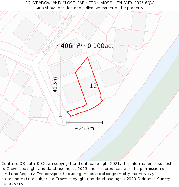 12, MEADOWLAND CLOSE, FARINGTON MOSS, LEYLAND, PR26 6QW: Plot and title map