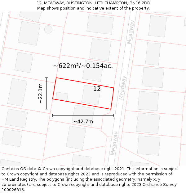 12, MEADWAY, RUSTINGTON, LITTLEHAMPTON, BN16 2DD: Plot and title map
