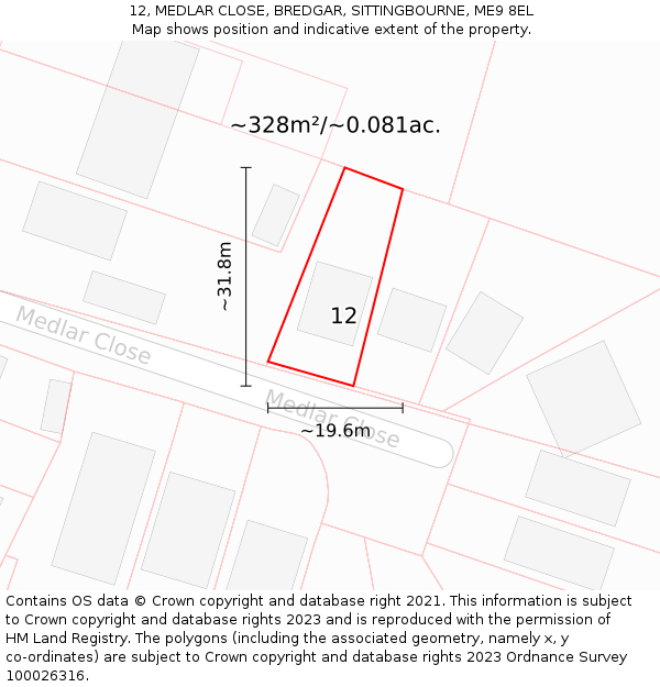 12, MEDLAR CLOSE, BREDGAR, SITTINGBOURNE, ME9 8EL: Plot and title map