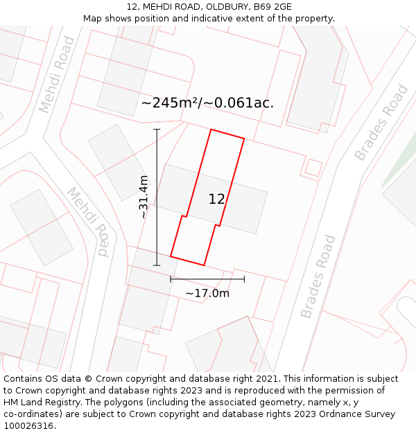 12, MEHDI ROAD, OLDBURY, B69 2GE: Plot and title map