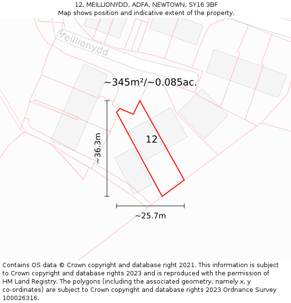 12, MEILLIONYDD, ADFA, NEWTOWN, SY16 3BF: Plot and title map