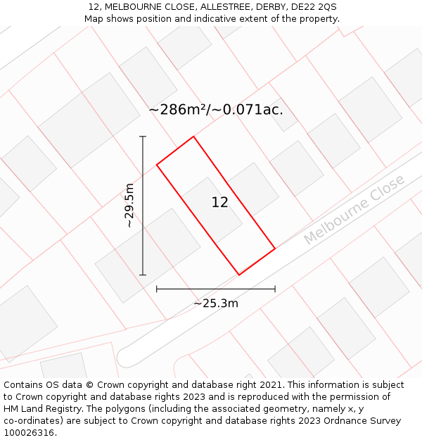 12, MELBOURNE CLOSE, ALLESTREE, DERBY, DE22 2QS: Plot and title map