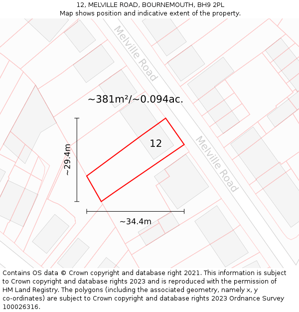 12, MELVILLE ROAD, BOURNEMOUTH, BH9 2PL: Plot and title map