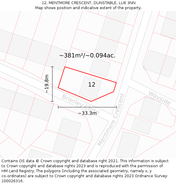 12, MENTMORE CRESCENT, DUNSTABLE, LU6 3NN: Plot and title map
