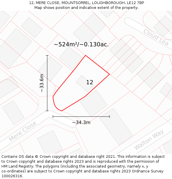 12, MERE CLOSE, MOUNTSORREL, LOUGHBOROUGH, LE12 7BP: Plot and title map