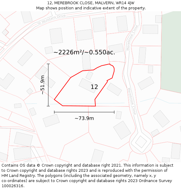 12, MEREBROOK CLOSE, MALVERN, WR14 4JW: Plot and title map