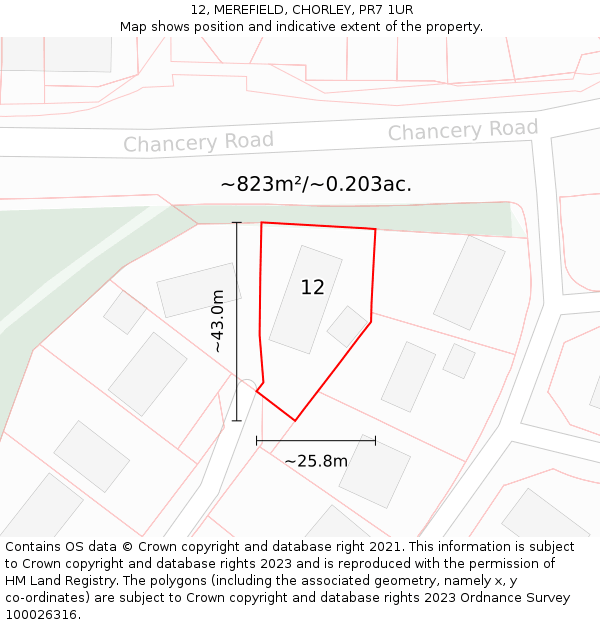 12, MEREFIELD, CHORLEY, PR7 1UR: Plot and title map