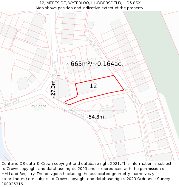 12, MERESIDE, WATERLOO, HUDDERSFIELD, HD5 8SX: Plot and title map
