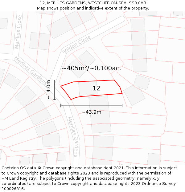 12, MERILIES GARDENS, WESTCLIFF-ON-SEA, SS0 0AB: Plot and title map