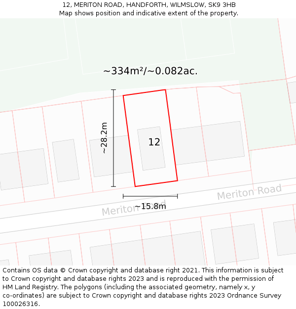 12, MERITON ROAD, HANDFORTH, WILMSLOW, SK9 3HB: Plot and title map