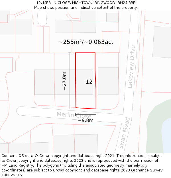 12, MERLIN CLOSE, HIGHTOWN, RINGWOOD, BH24 3RB: Plot and title map