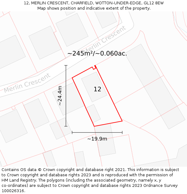 12, MERLIN CRESCENT, CHARFIELD, WOTTON-UNDER-EDGE, GL12 8EW: Plot and title map