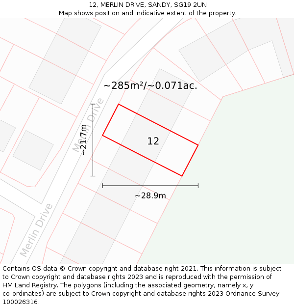 12, MERLIN DRIVE, SANDY, SG19 2UN: Plot and title map