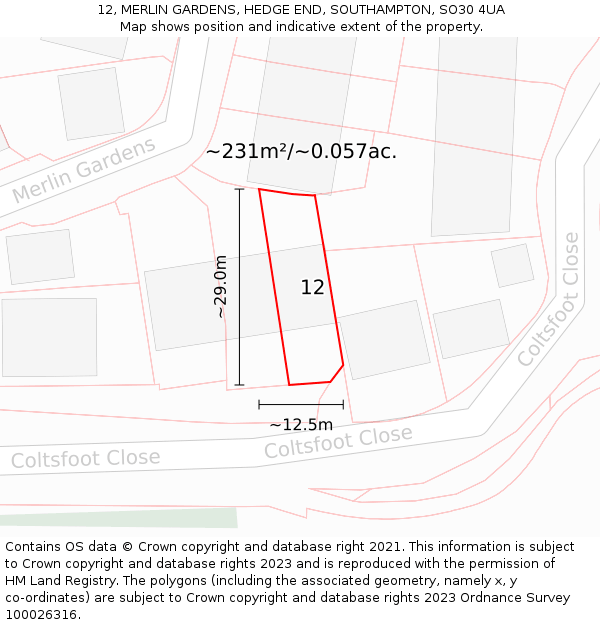 12, MERLIN GARDENS, HEDGE END, SOUTHAMPTON, SO30 4UA: Plot and title map