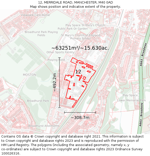 12, MERRIDALE ROAD, MANCHESTER, M40 0AD: Plot and title map