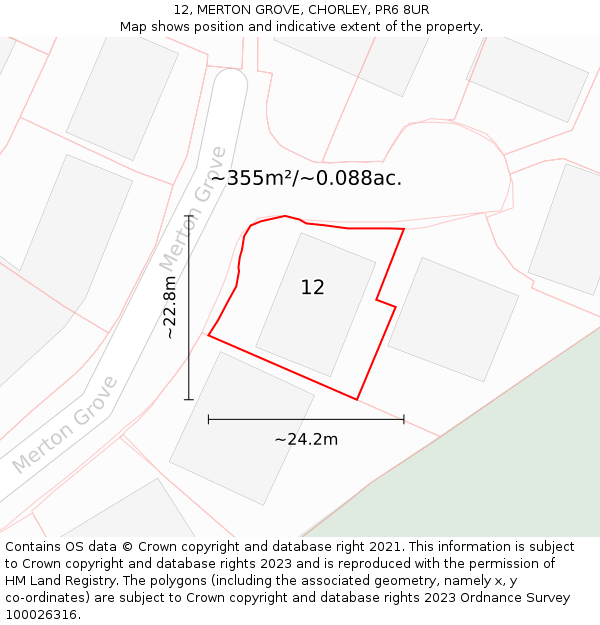12, MERTON GROVE, CHORLEY, PR6 8UR: Plot and title map