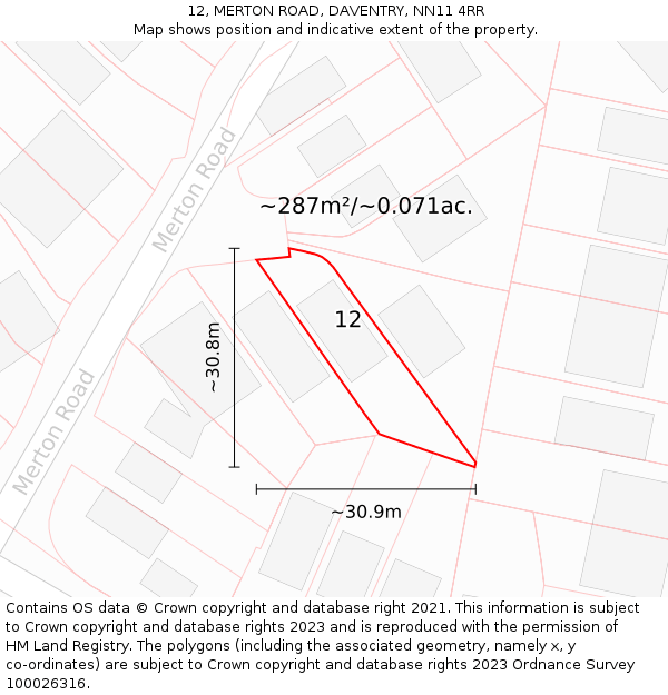 12, MERTON ROAD, DAVENTRY, NN11 4RR: Plot and title map