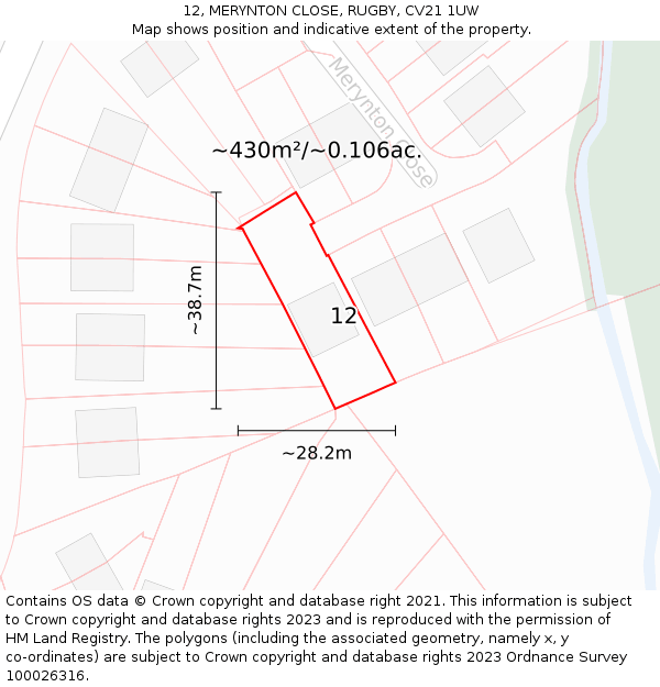 12, MERYNTON CLOSE, RUGBY, CV21 1UW: Plot and title map