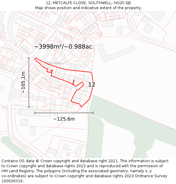 12, METCALFE CLOSE, SOUTHWELL, NG25 0JE: Plot and title map