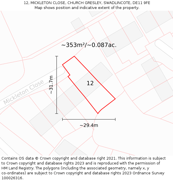 12, MICKLETON CLOSE, CHURCH GRESLEY, SWADLINCOTE, DE11 9FE: Plot and title map