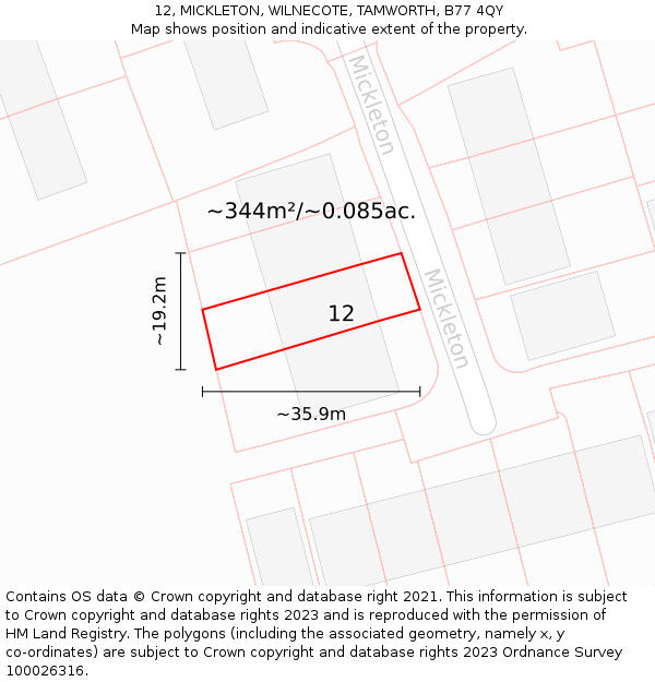 12, MICKLETON, WILNECOTE, TAMWORTH, B77 4QY: Plot and title map