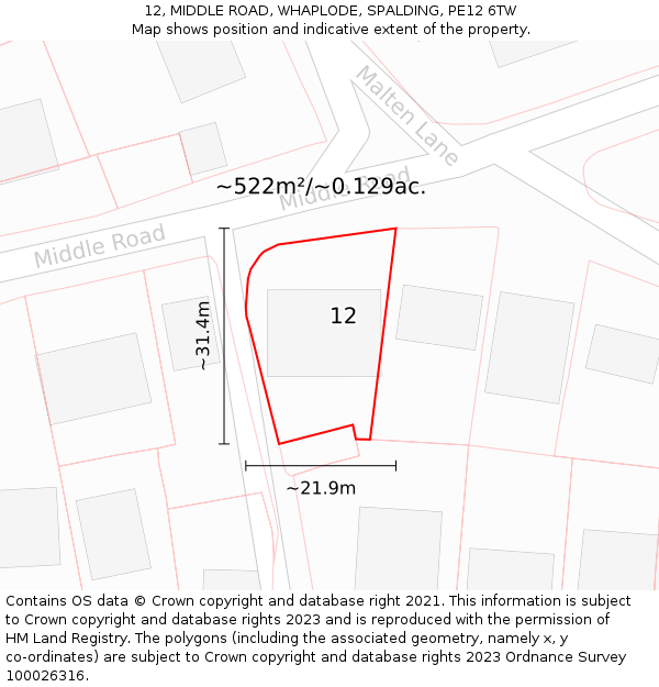 12, MIDDLE ROAD, WHAPLODE, SPALDING, PE12 6TW: Plot and title map