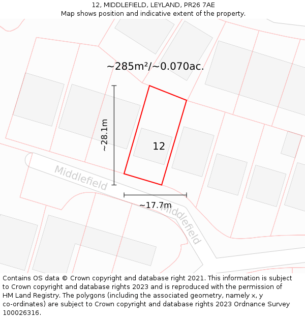 12, MIDDLEFIELD, LEYLAND, PR26 7AE: Plot and title map