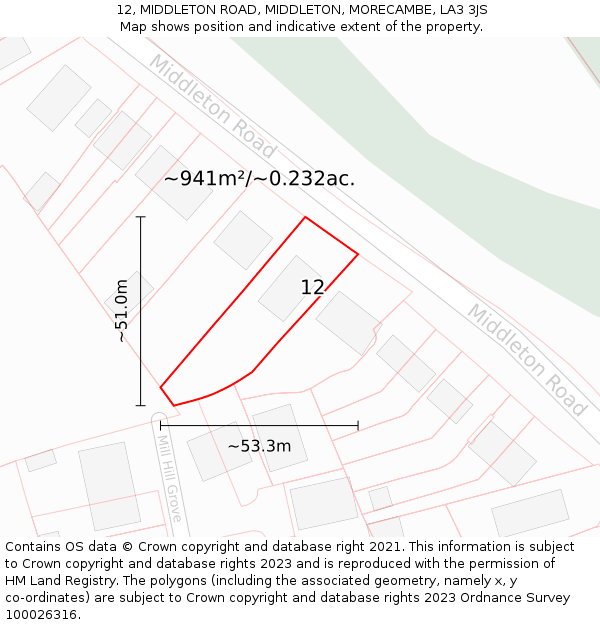 12, MIDDLETON ROAD, MIDDLETON, MORECAMBE, LA3 3JS: Plot and title map