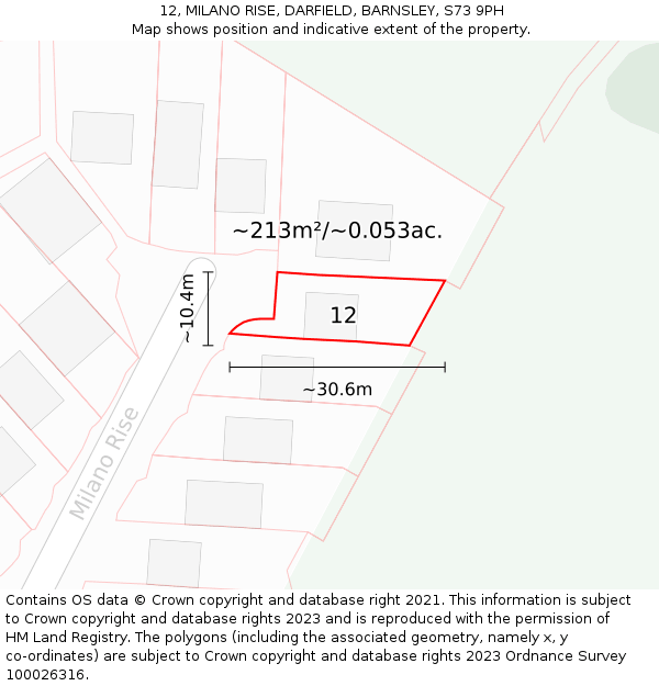 12, MILANO RISE, DARFIELD, BARNSLEY, S73 9PH: Plot and title map