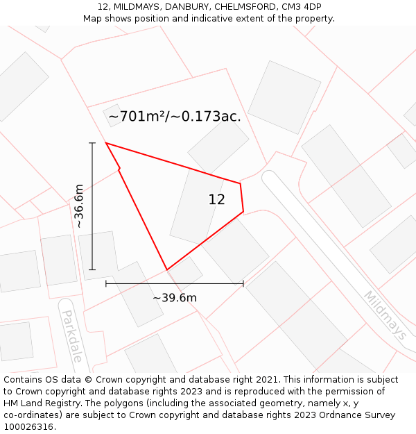 12, MILDMAYS, DANBURY, CHELMSFORD, CM3 4DP: Plot and title map