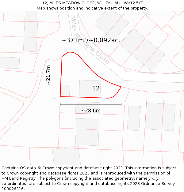 12, MILES MEADOW CLOSE, WILLENHALL, WV12 5YE: Plot and title map