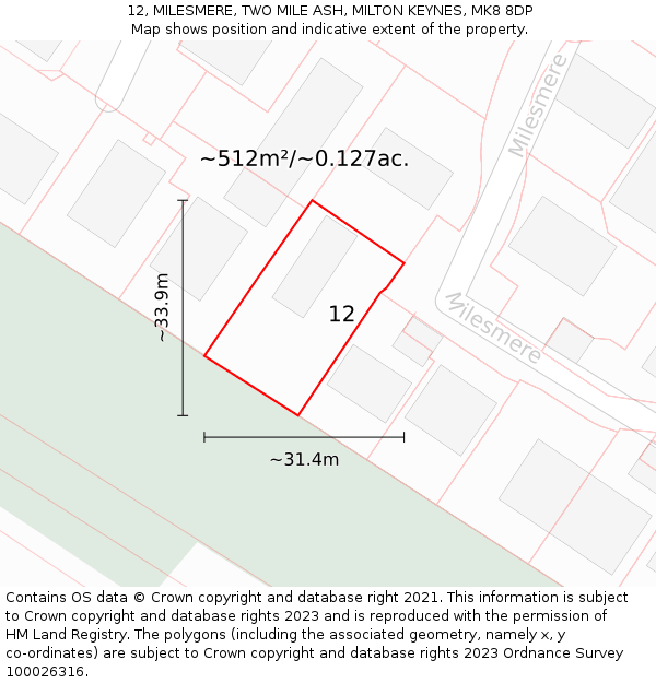 12, MILESMERE, TWO MILE ASH, MILTON KEYNES, MK8 8DP: Plot and title map