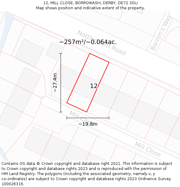 12, MILL CLOSE, BORROWASH, DERBY, DE72 3GU: Plot and title map