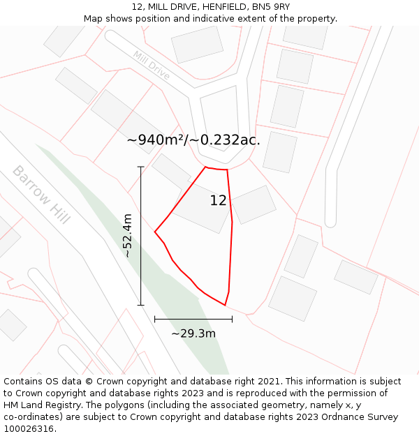 12, MILL DRIVE, HENFIELD, BN5 9RY: Plot and title map