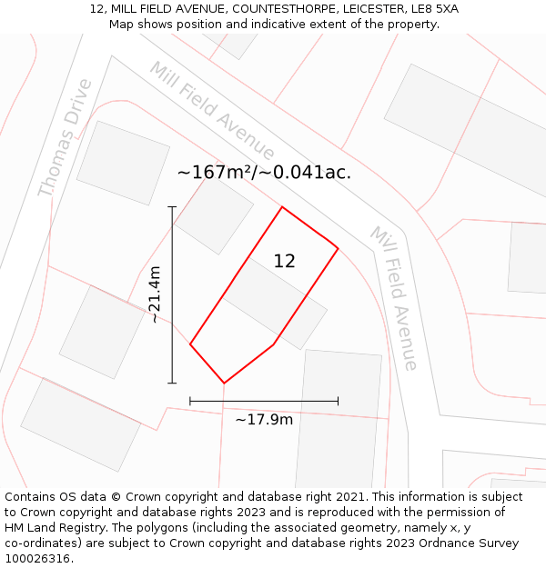 12, MILL FIELD AVENUE, COUNTESTHORPE, LEICESTER, LE8 5XA: Plot and title map