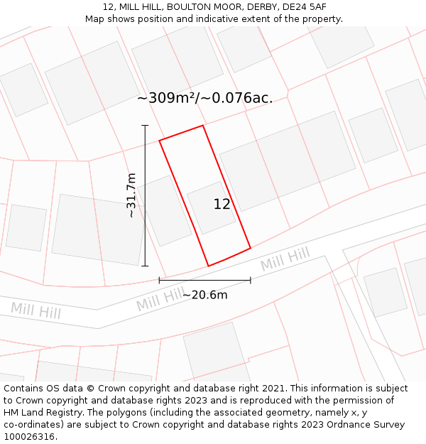 12, MILL HILL, BOULTON MOOR, DERBY, DE24 5AF: Plot and title map