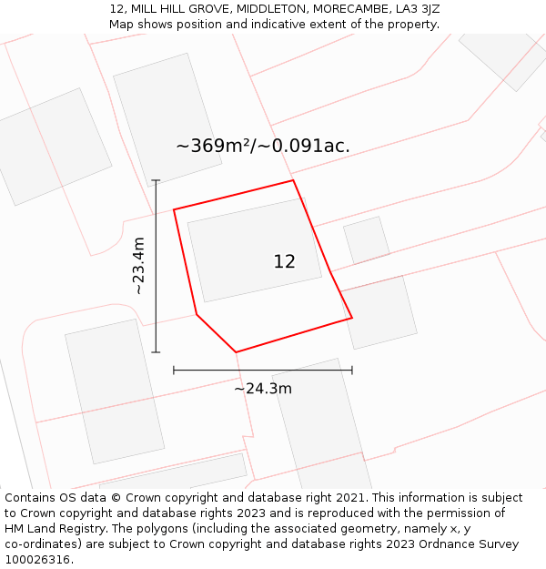 12, MILL HILL GROVE, MIDDLETON, MORECAMBE, LA3 3JZ: Plot and title map