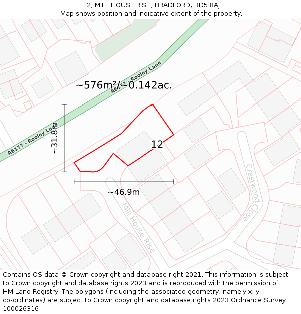 12, MILL HOUSE RISE, BRADFORD, BD5 8AJ: Plot and title map
