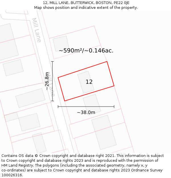 12, MILL LANE, BUTTERWICK, BOSTON, PE22 0JE: Plot and title map
