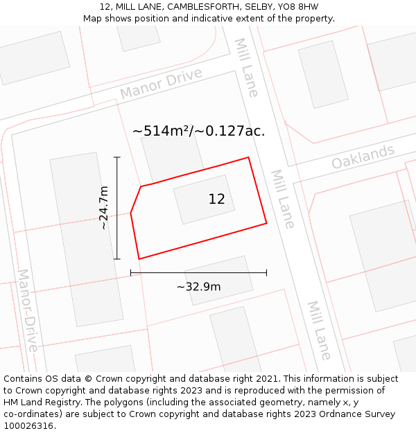 12, MILL LANE, CAMBLESFORTH, SELBY, YO8 8HW: Plot and title map