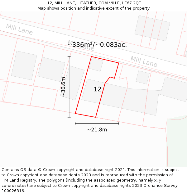 12, MILL LANE, HEATHER, COALVILLE, LE67 2QE: Plot and title map