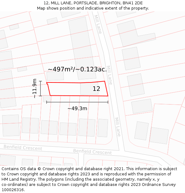 12, MILL LANE, PORTSLADE, BRIGHTON, BN41 2DE: Plot and title map