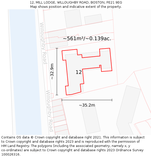 12, MILL LODGE, WILLOUGHBY ROAD, BOSTON, PE21 9EG: Plot and title map