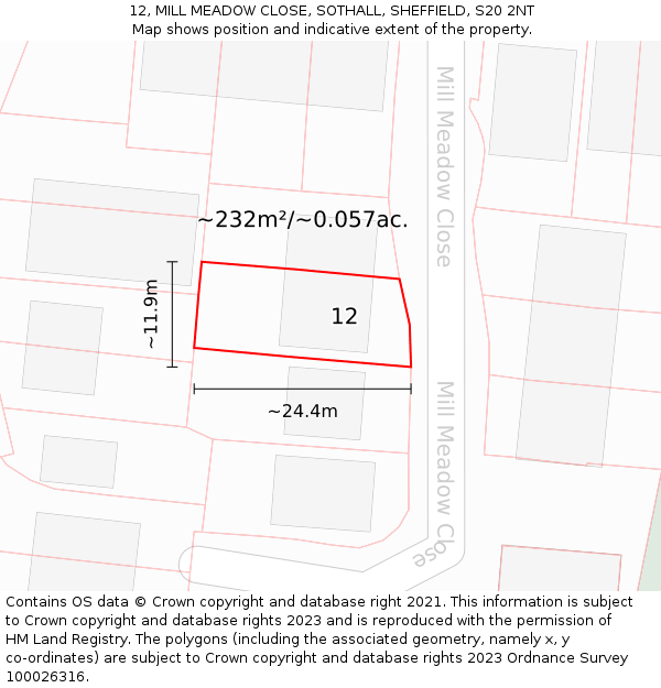 12, MILL MEADOW CLOSE, SOTHALL, SHEFFIELD, S20 2NT: Plot and title map